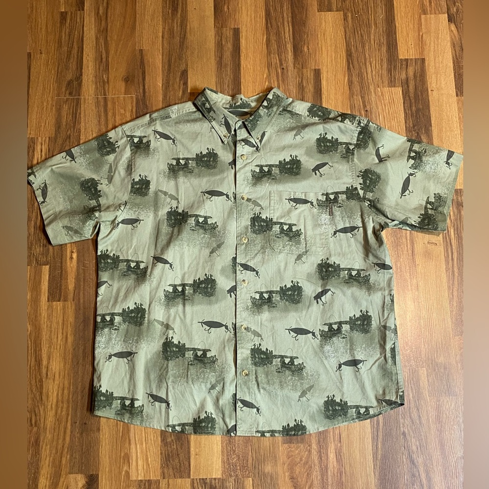 Woolrich Fishing Themed Lures Camp Shirt Short Sleeve 100% Cotton Men’s Size XL